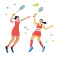 Doubles badminton game illustration with women. Royalty Free Stock Photo